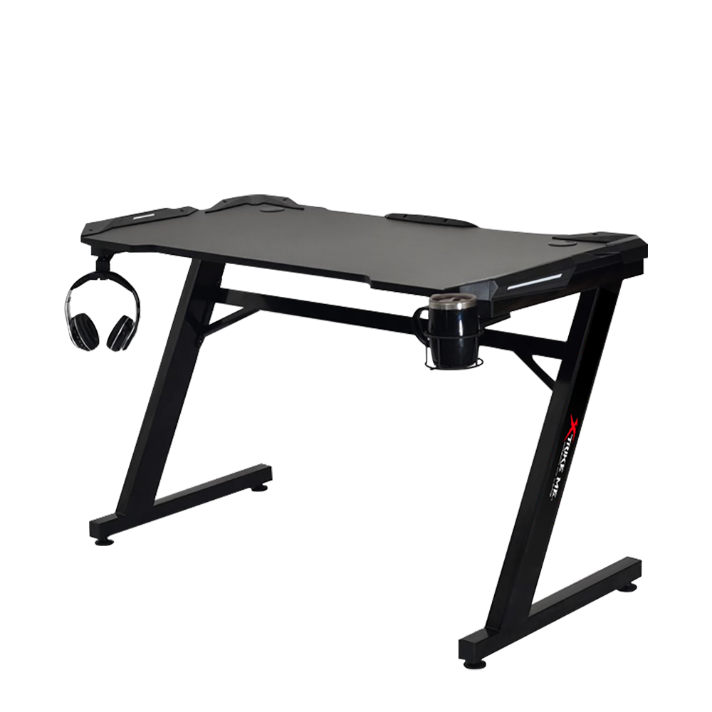  E Escritorio Gamer Fibra de Carbono| Xtrike-ME| de esquina en forma cuadrada para ordenadores de sobremesa y juegos, mesa de PC, estación de trabajo multifuncional para escribir y oficina en casa. Color negro con porta vasos y luces LED