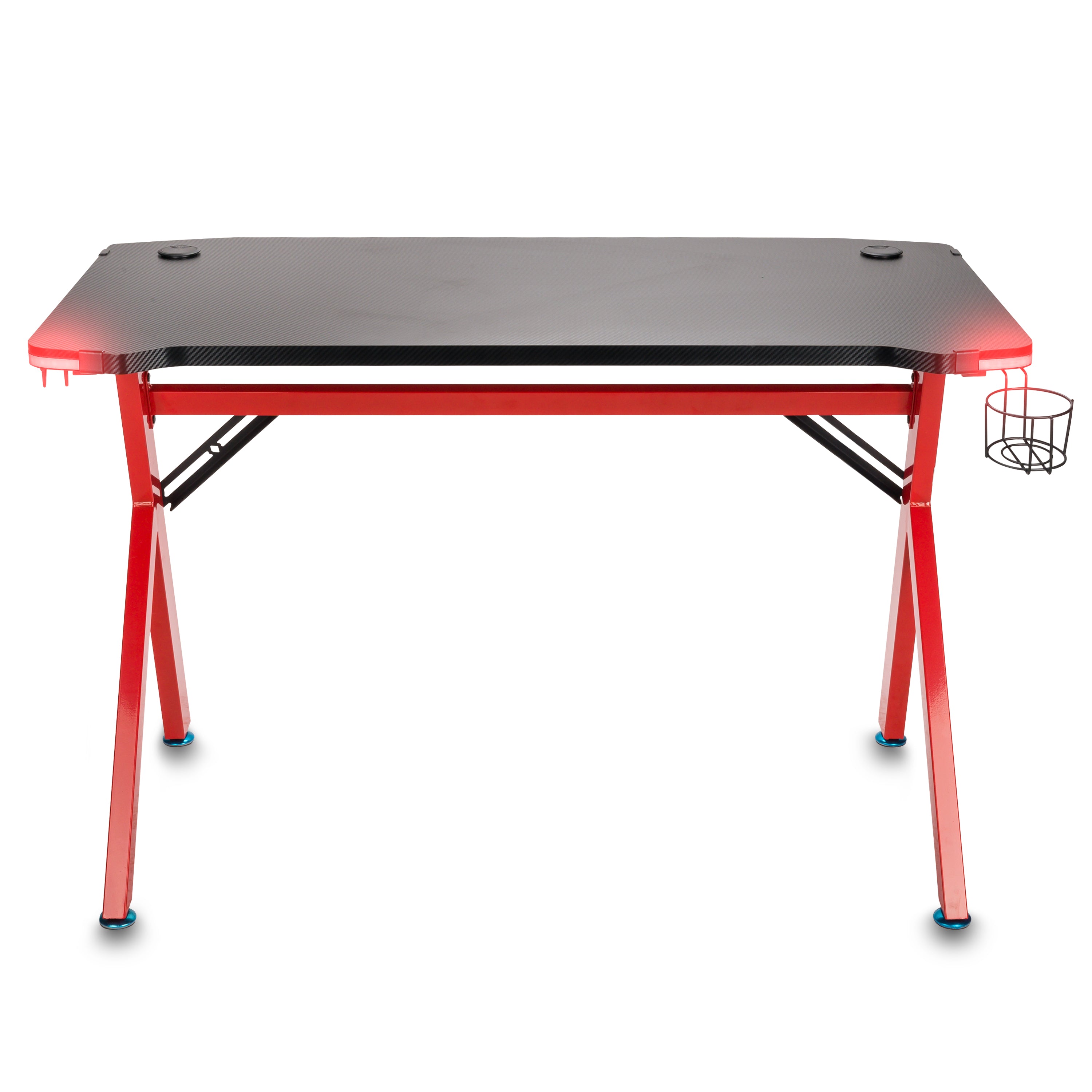 Escritorio de Juegos Moderno - Escritorio de Computadora de Acero Inoxidable de Alta Gama con Agujeros Doble Rosca| Luces LED, Arco Ergonómico y Patas en Forma de K, Ideal para Hogar, Oficina y Estudiantes