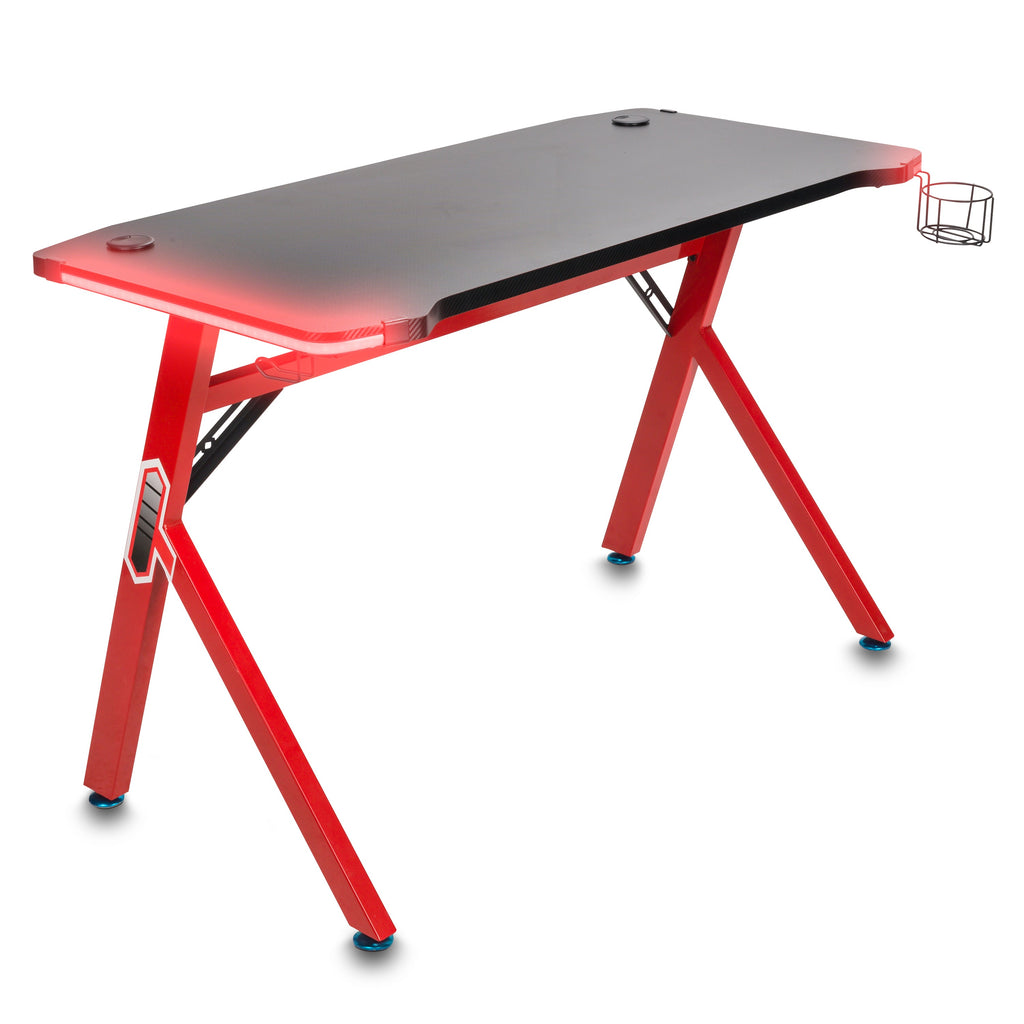 Escritorio de Juegos Moderno - Escritorio de Computadora de Acero Inoxidable de Alta Gama con Agujeros Doble Rosca| Luces LED, Arco Ergonómico y Patas en Forma de K, Ideal para Hogar, Oficina y Estudiantes