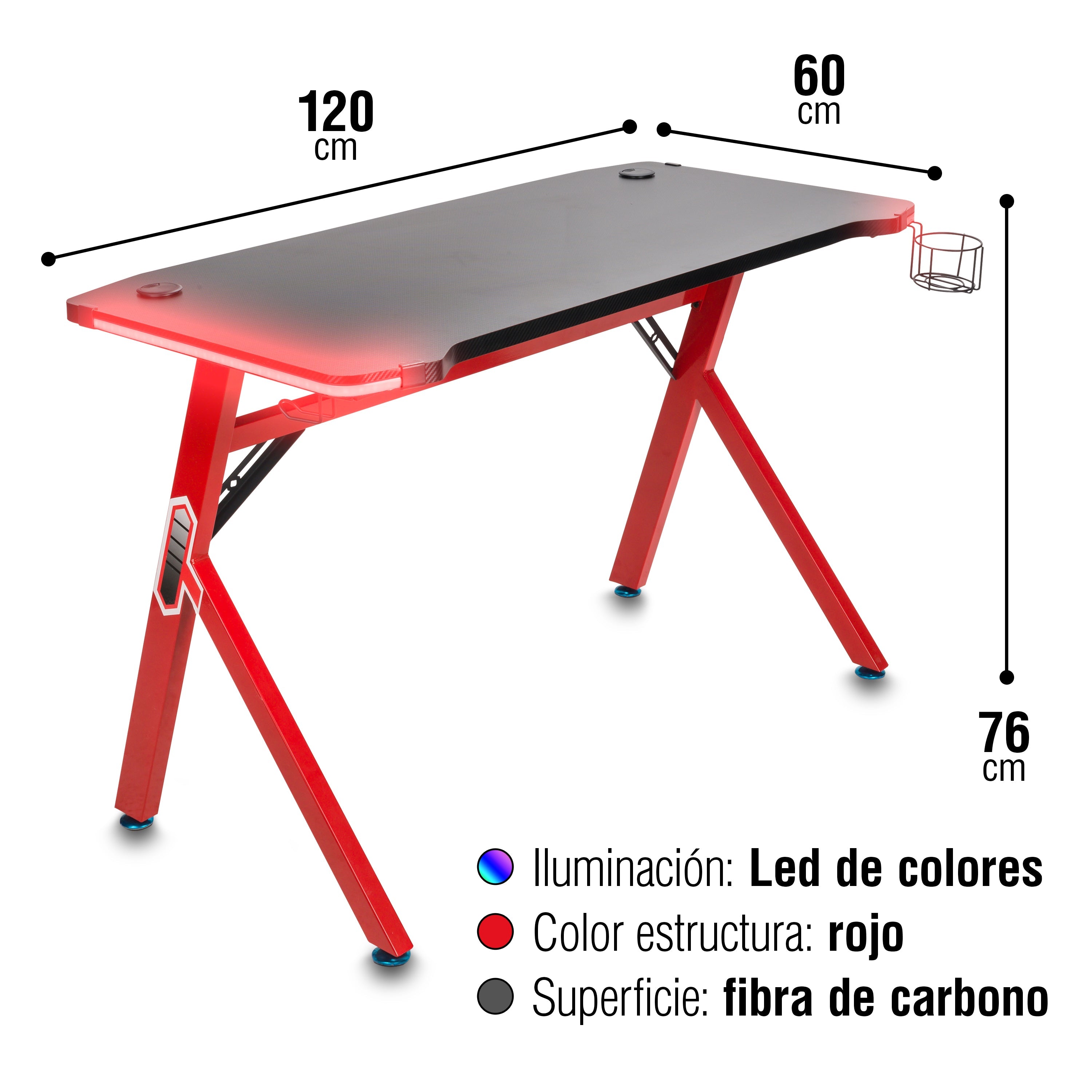 Escritorio de Juegos Moderno - Escritorio de Computadora de Acero Inoxidable de Alta Gama con Agujeros Doble Rosca| Luces LED, Arco Ergonómico y Patas en Forma de K, Ideal para Hogar, Oficina y Estudiantes
