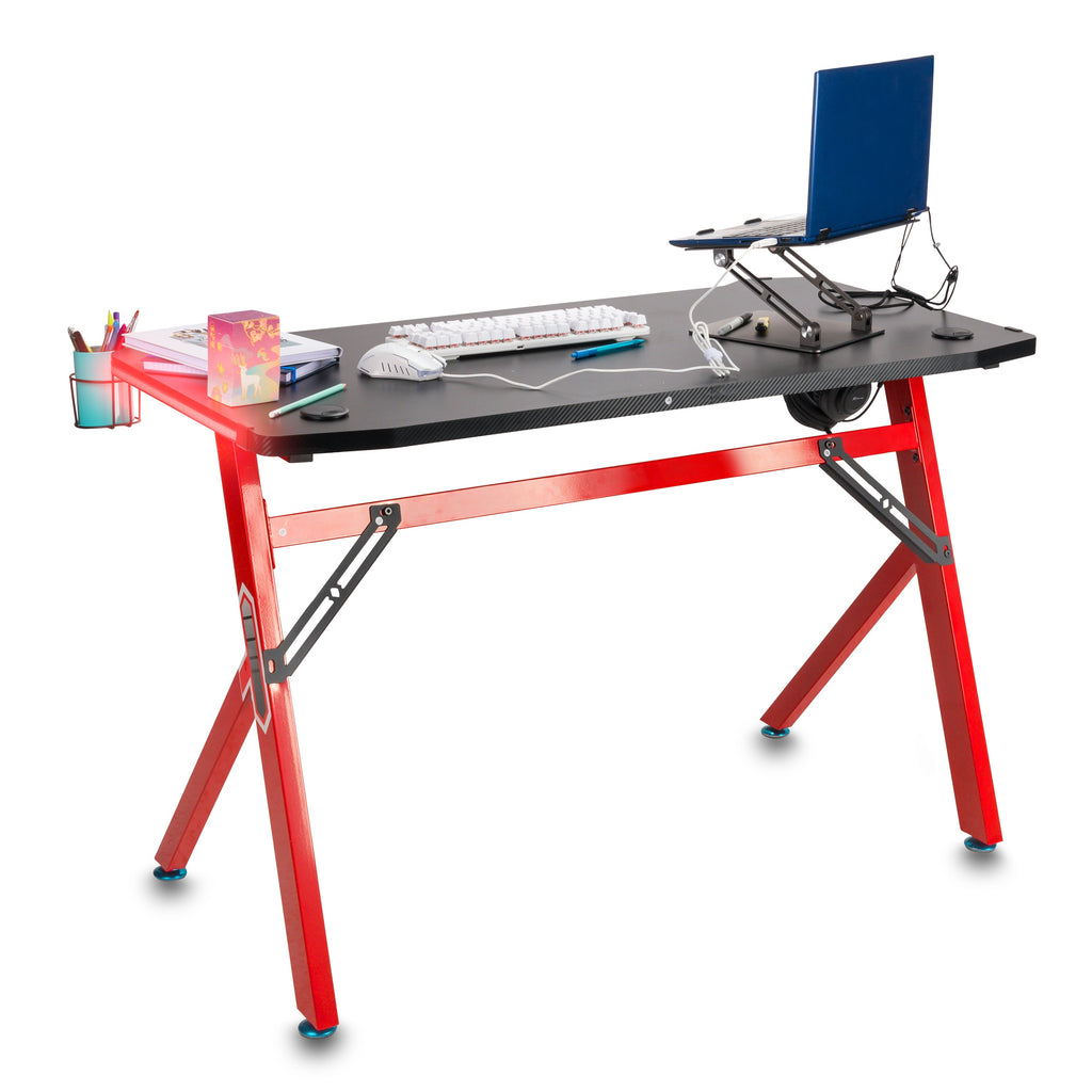 Escritorio de Juegos Moderno - Escritorio de Computadora de Acero Inoxidable de Alta Gama con Agujeros Doble Rosca| Luces LED, Arco Ergonómico y Patas en Forma de K, Ideal para Hogar, Oficina y Estudiantes