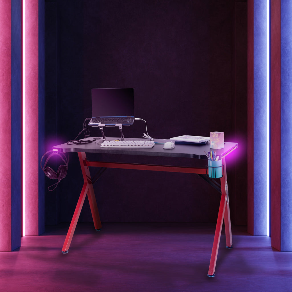 Escritorio de Juegos Moderno - Escritorio de Computadora de Acero Inoxidable de Alta Gama con Agujeros Doble Rosca| Luces LED, Arco Ergonómico y Patas en Forma de K, Ideal para Hogar, Oficina y Estudiantes