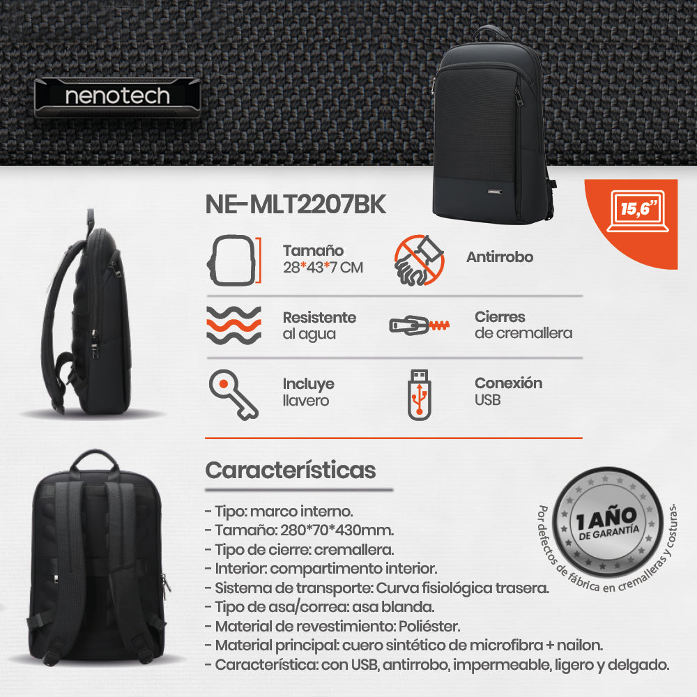 Mochila Viaje Ejecutiva Antirrobo Nenotech A71216 Escolar Tela Lisa