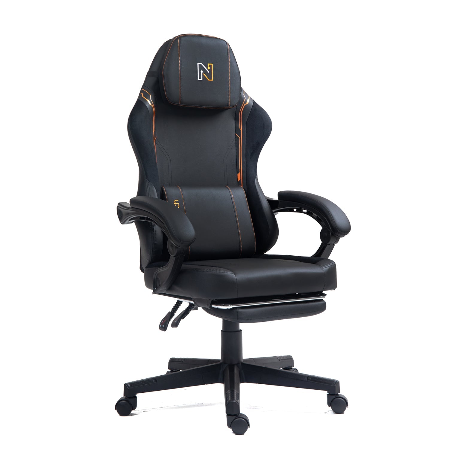 Silla gamer tipo Corsair T3 Rush con soporte lumbar ajustable acolchado y diseño ergonómico con Masajeador | NenoTech NT-06650| Naranja