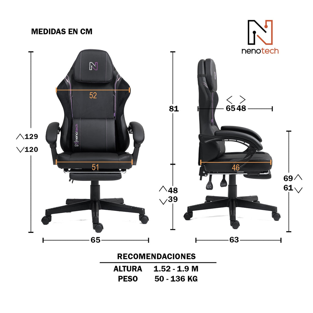 Silla gamer tipo Corsair T3 Rush con soporte lumbar ajustable acolchado y diseño ergonómico con Masajeador | NenoTech NT-06650| Negra