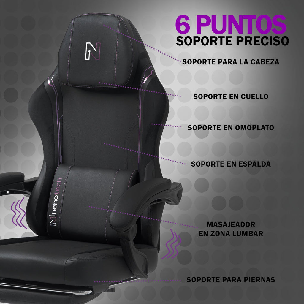 Silla gamer tipo Corsair T3 Rush con soporte lumbar ajustable acolchado y diseño ergonómico con Masajeador | NenoTech NT-06650| Purple